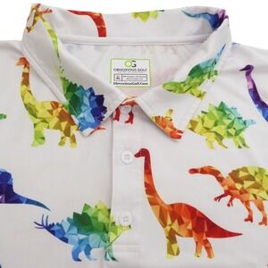 Obnoxious Golf Mens Polo Shirt White Geometric Rainbow Dinosaur Print Size XL